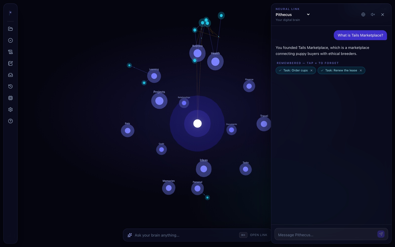 Chat recalling a memory — the recalled nodes glow cyan in the brain